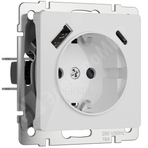 Изображение W1171741 | Розетка 2P+E, шторками и USB тип A+C белый акрил Werkel
