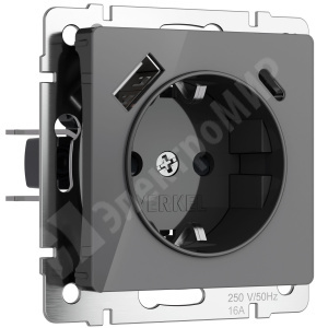 Изображение W1171744 | Розетка 2P+E, шторками и USB тип A+C графит акрил Werkel