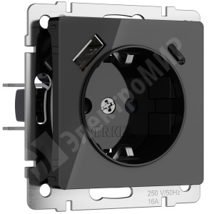 Изображение W1171748 | Розетка 2P+E, шторками и USB тип A+C черный акрил Werkel