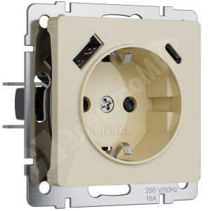 Изображение W1171743 | Розетка 2P+E, шторками и USB тип A+C айвори акрил Werkel