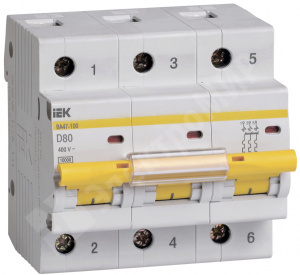 Изображение MVA40-3-080-D | Автоматический выключатель 3-пол. 80А тип D 10кА серия ВА 47-100 MVA40-3-080-D IEK (ИЭК)