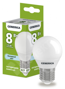 Изображение LL-G45-08-230-65-E27-G | Лампа LED G45 шар 8Вт 230В 6500К E27 GENERICA