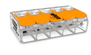 Изображение 221-615 (Блистер (8 шт)) | Клемма розеточная, 5х(0,5-6 мм)², прозрачная, оранжевая 221-615 (Блистер (8 шт)) Wago