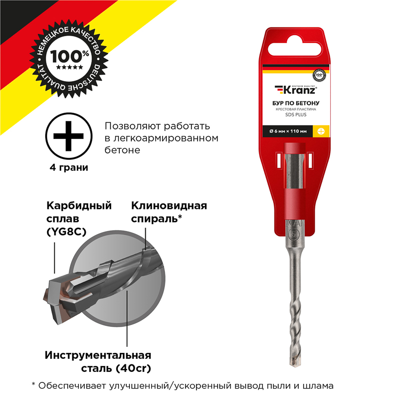 Изображение KR-91-0801 | Бур по бетону SDS-plus, 6х50/110 мм, крестовая пластина KR-91-0801 Kranz