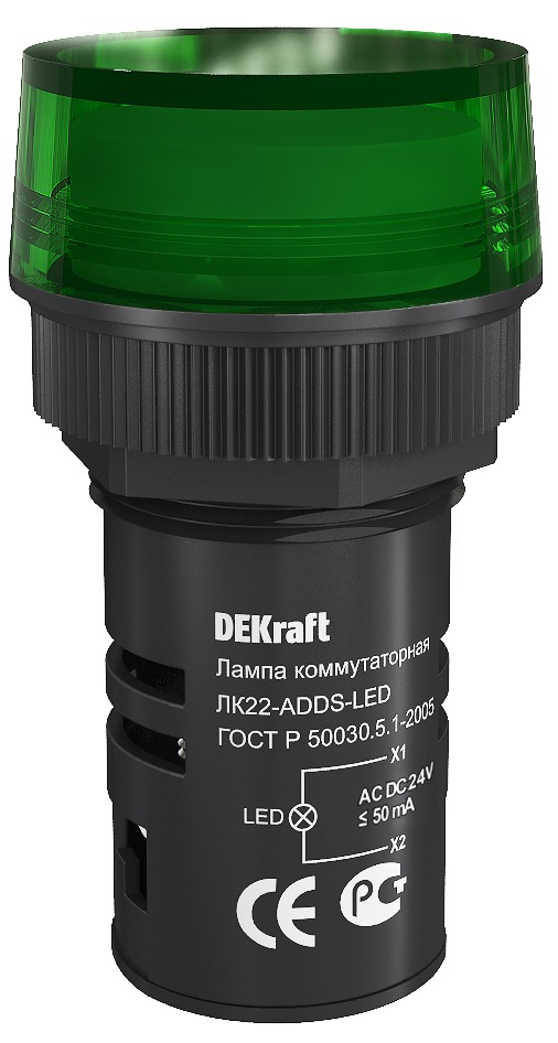 Изображение 25065DEK | Лампа 24В AC/DC матрица светодиодная зеленая d22мм тип ADDS ЛK-22 25065DEK DEKraft