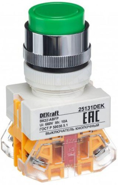 25131DEK | Выключатель кнопочный зеленый с фиксацией d22мм 220В 1НО+1НЗ ...