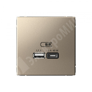 Изображение GAL000529 | Розетка USB 2 порта A + C 45Вт высокоскор.заряд. QC, PD шампань ArtGallery GAL000529 Systeme Electric