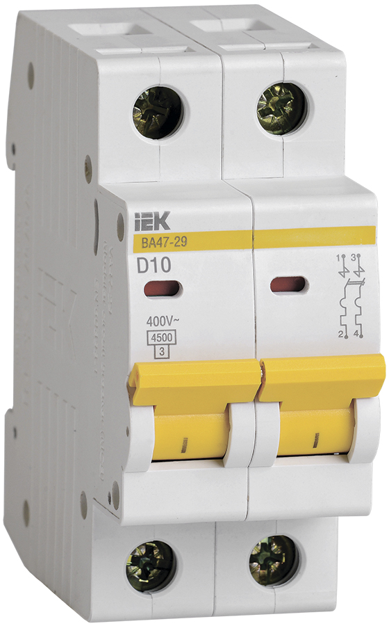 Изображение MVA20-2-010-D | Автоматический выключатель 2-пол. 10А тип D 4,5кА серия ВА 47-29 MVA20-2-010-D IEK (ИЭК)