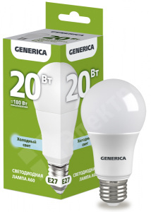 Изображение LL-A60-20-230-65-E27-G | Лампа LED A60 груша 20Вт 230В 6500К E27 GENERICA