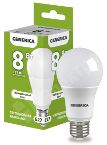Изображение LL-A60-08-230-40-E27-G | Лампа LED A60 груша 8Вт 230В 4000К E27 GENERICA