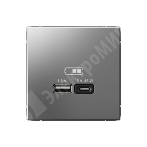 Изображение GAL000929 | Розетка USB 2 порта A + C 45Вт высокоскор.заряд. QC, PD сталь ArtGallery GAL000929 Systeme Electric