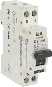 Изображение AR-B06S-1N-C20C030 | Автоматический выключатель дифф. тока 1P+N 20А 30мА тип AC 6кА хар-ка C (18мм) серия B06S ARMAT AR-B06S-1N-C20C030 IEK (ИЭК)