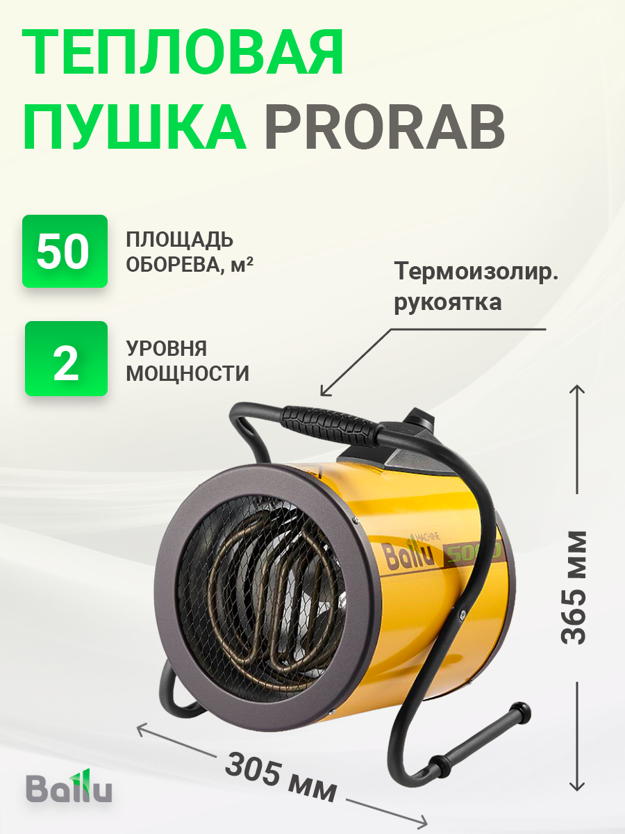 Пушка тепловая тэновая напольная 3,0/4,5 кВт 220В 400 куб.м./ч  термоизолир.рукоятка защ.от перегрев BHP-P-5 (PRORAB) Ballu Ballu