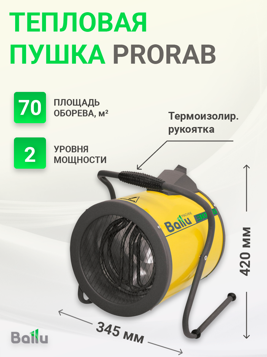 BHP-P-6 (PRORAB) | Пушка тепловая тэновая напольная 0/4/6 кВт 380В 820  куб.м./ч термоизолир.рукоятка защ.от перегрева BHP-P-6 (PRORAB) Ballu по  цене 10 590 руб. с доставкой по России