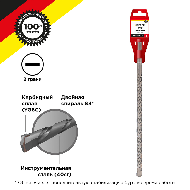 Изображение KR-91-0052 | Бур по бетону SDS-plus, 16х400/460 мм, усиленный KR-91-0052 Kranz