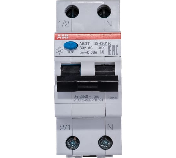 Автоматический выключатель дифф. тока 1-пол.+N 32A 30мА тип АС 4,5 кA серия DSH201R 2CSR245072R1324 ABB