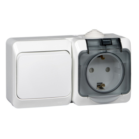 Изображение BPA16-241B | Блок выключатель 1 клавишный+розетка со шторками 2Р+Е IP44 белый Этюд 