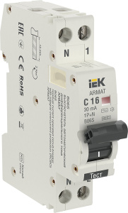 Изображение AR-B06S-1N-C16C030 | Автоматический выключатель дифф. тока 1P+N 16А 30мА тип AC 6кА хар-ка C (18мм) серия B06S ARMAT AR-B06S-1N-C16C030 IEK (ИЭК)