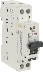 Изображение AR-B06S-1N-C10C030 | Автоматический выключатель дифф. тока 1P+N 10А 30мА тип AC 6кА хар-ка C (18мм) серия B06S ARMAT AR-B06S-1N-C10C030 IEK (ИЭК)