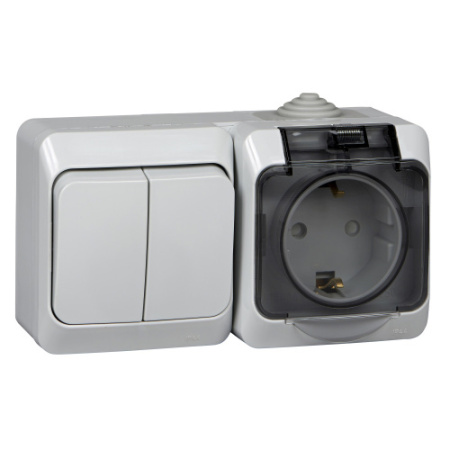 Изображение BPA16-242C | Блок выключатель 2 клавишный+розетка со шторками 2Р+Е IP44 серый Этюд 