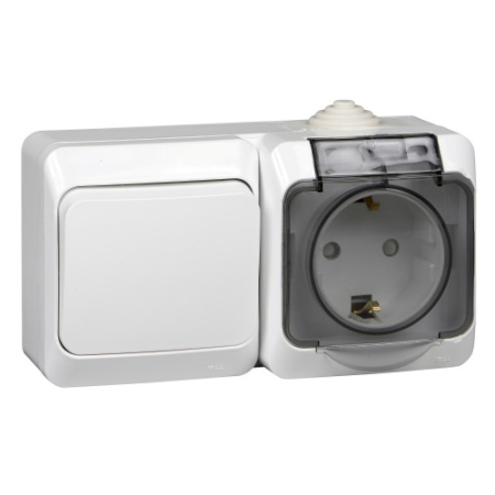Изображение BPA16-246B | Блок переключатель 1 клавишный+розетка со шторками 2Р+Е IP44 белый Этюд 