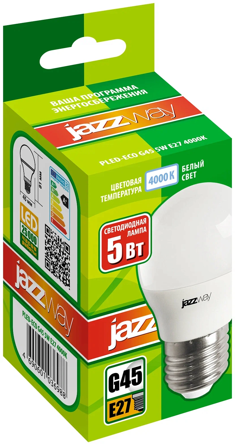 Лампа светодиодная PLED-ECO-G45 5 Вт 230В Е27 4000K белый (1036988A) А .1036988A Jazzway