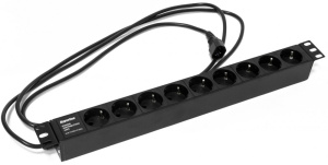 Изображение SHE19-9SH-2.5IEC | Hyperline SHE19-9SH-2.5IEC Блок розеток для 19" шкафов, горизонтальный, 9 розеток Schuko, 10A, кабель питания 2.5м (3х1.0мм2) с вилкой IEC320 C14, 482.6x44.4x44.4мм (ШхГхВ), корпус алюминий, черный